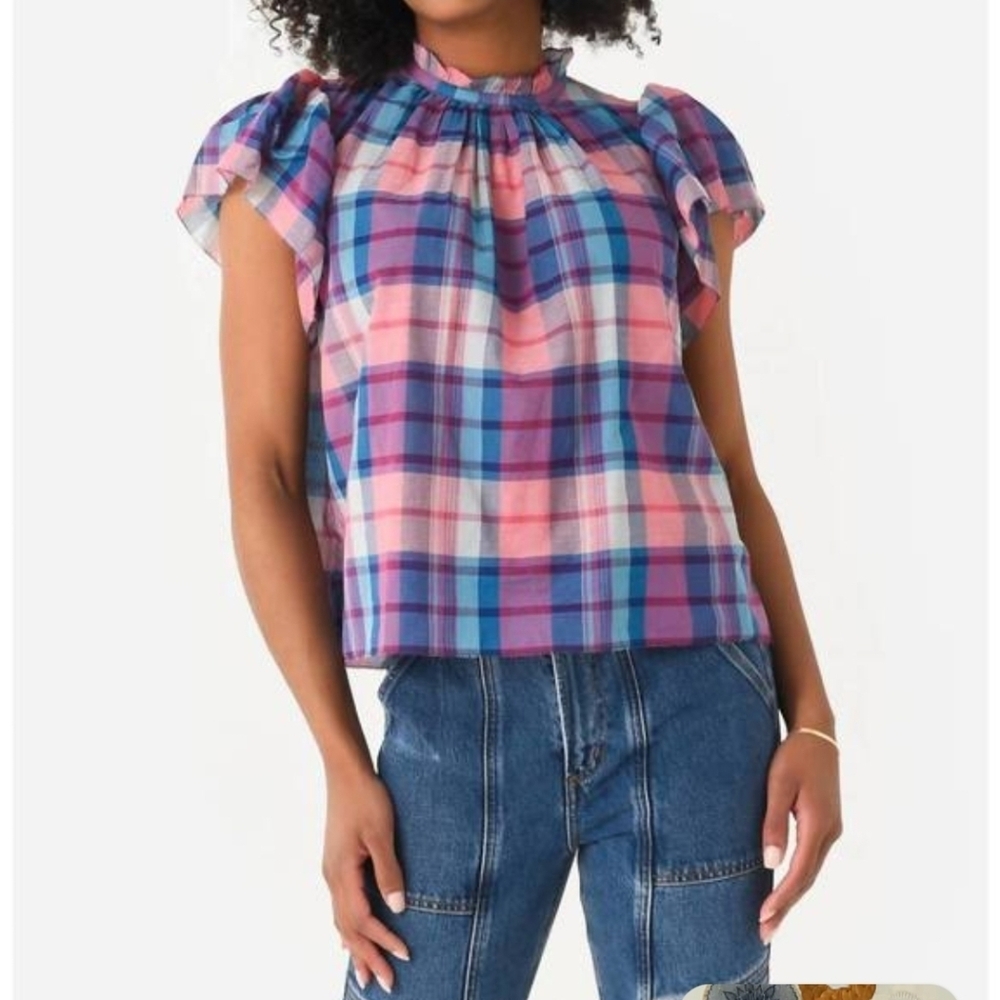 Anthropologie Trovata Birds Of Paradis Carla Cotton Blue Pink Plaid Top